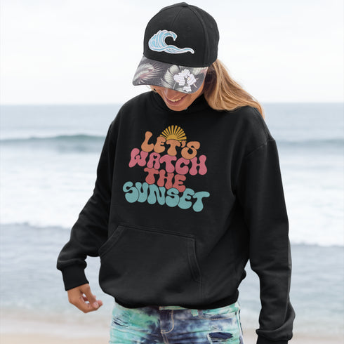 Introducing our "Let's Watch The Sunset" beach hoodie, the perfect companion for those laid-back evenings by the shore.