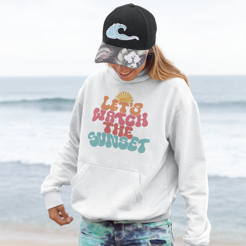 Introducing our "Let's Watch The Sunset" beach hoodie, the perfect companion for those laid-back evenings by the shore.
