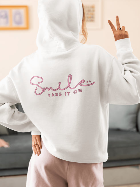 Introducing the ultimate mood lifter and smile inducer: the "Smile...Pass It On" Hoodie! Made with 100% organic cotton that's so soft, even a cactus would feel cuddly wearing it. This isn't just any hoodie; it's your wearable reminder to the world that happiness is contagious, and it starts with a simple smile.