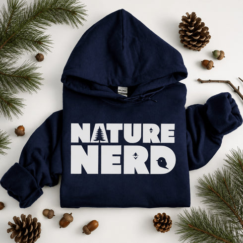 Navy hoodie with 'Nature Nerd' text on a white background with pinecones and branches.