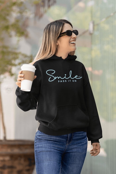 Introducing the latest in wearable cheer technology: the "Smile, Pass It On" Hoodie! This isn't just any ordinary hoodie. Oh no, it's your new best friend, fashion statement, and personal cheerleader all rolled into one cozy package.