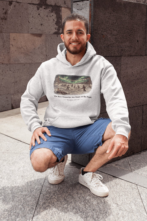 The Best Memories Are Made on the Pond Hoodie – nostalgic pond hockey sweatshirt inspired by small town hockey, outdoor rinks, and Canadian winter traditions.