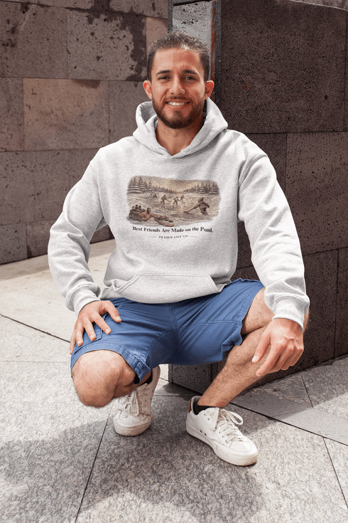 Best Friends Are Made on the Pond hoodie inspired by small town pond hockey and outdoor rink traditions. Vintage Canadian winter sweatshirt.