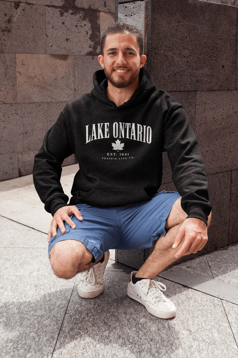 Lake Ontario EST 1641 Canadian hoodie with maple leaf and vintage collegiate lettering