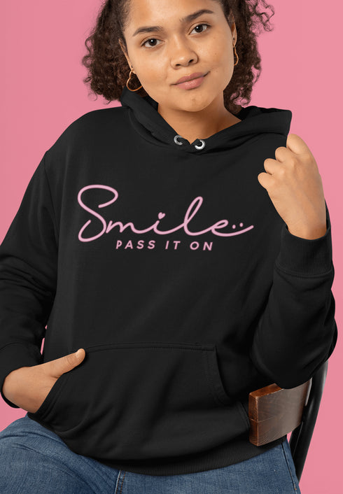 Introducing the latest in wearable cheer technology: the "Smile, Pass It On" Hoodie! This isn't just any ordinary hoodie. Oh no, it's your new best friend, fashion statement, and personal cheerleader all rolled into one cozy package.