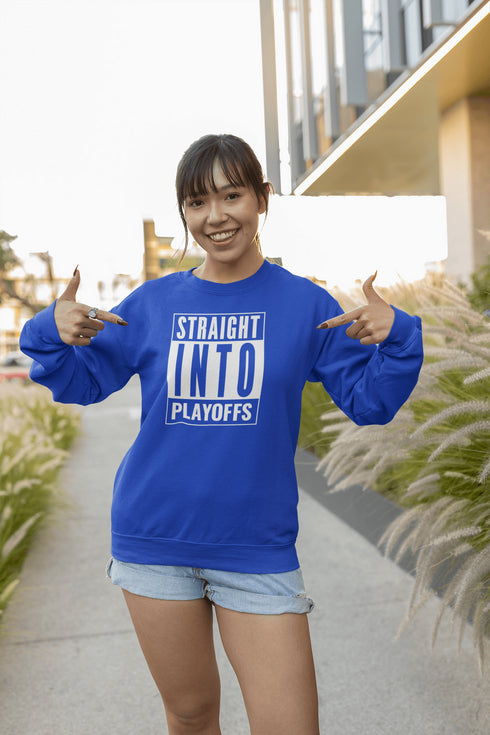 Introducing the game-changing, ice-shattering, laugh-inducing "Straight Into Playoffs" Hockey Sweatshirt! Designed for the hockey fanatic who believes in skipping the regular season drama and diving headfirst into the heart-stopping action of the playoffs.
