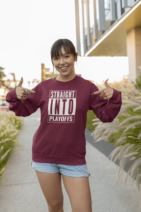 Introducing the game-changing, ice-shattering, laugh-inducing "Straight Into Playoffs" Hockey Sweatshirt! Designed for the hockey fanatic who believes in skipping the regular season drama and diving headfirst into the heart-stopping action of the playoffs.