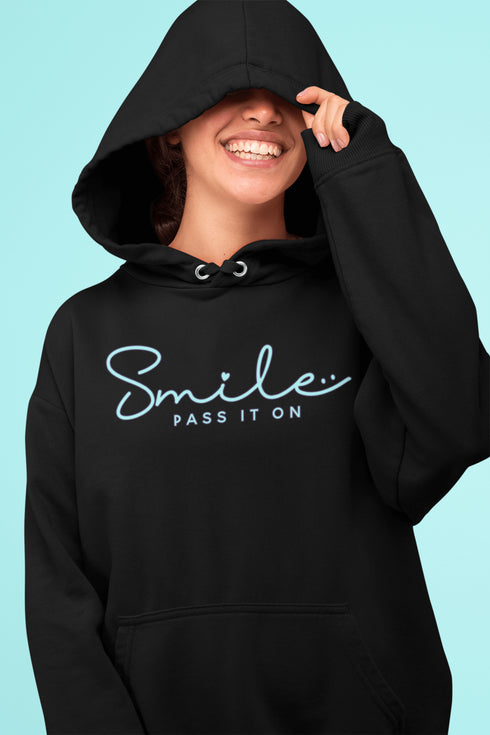 Introducing the latest in wearable cheer technology: the "Smile, Pass It On" Hoodie! This isn't just any ordinary hoodie. Oh no, it's your new best friend, fashion statement, and personal cheerleader all rolled into one cozy package.