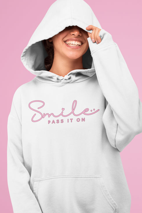 Introducing the latest in wearable cheer technology: the "Smile, Pass It On" Hoodie! This isn't just any ordinary hoodie. Oh no, it's your new best friend, fashion statement, and personal cheerleader all rolled into one cozy package.
