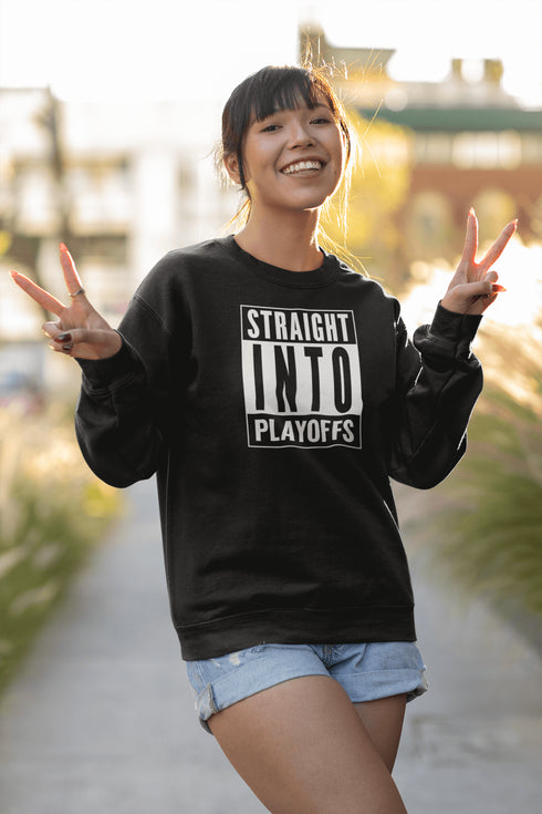Introducing the game-changing, ice-shattering, laugh-inducing "Straight Into Playoffs" Hockey Sweatshirt! Designed for the hockey fanatic who believes in skipping the regular season drama and diving headfirst into the heart-stopping action of the playoffs.