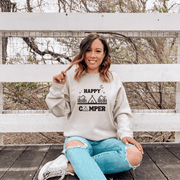Introducing our Happy Camper sweatshirt, perfect for any outdoor enthusiast! Made from high-quality, soft material, this gender-neutral sweatshirt features a beautiful mountain camping scene that will inspire you to explore the great outdoors.