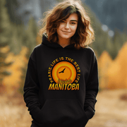 Introducing the perfect addition to your wardrobe - our Prairie Life Is The Best Life hoodie! This gender neutral hoodie features a stunning Prairie sunset with wheat, capturing the essence of the beautiful Canadian outdoors.