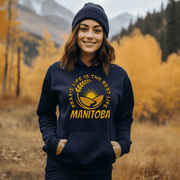 Harvest Hoodie with a beautiful graphic of a farmer's field, wheat, and a prairie sunset with the phrase Prairie Life Is The Best Life perfectly captures the essence of living in Manitoba.