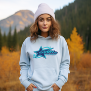 Introducing our trendy gender-neutral hoodie featuring a bold shooting star graphic and the words "Winnipeg, Manitoba Canada."