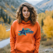 Introducing our trendy gender-neutral hoodie featuring a bold shooting star graphic and the words "Winnipeg, Manitoba Canada."