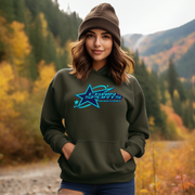 Introducing our trendy gender-neutral hoodie featuring a bold shooting star graphic and the words "Winnipeg, Manitoba Canada."