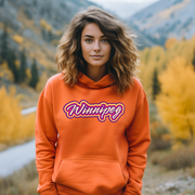 Introducing the perfect addition to your wardrobe - our trendy gender-neutral hoodie with a retro graphic design and the words "Winnipeg" in rainbow colors! 