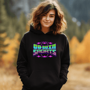 This eye-catching hoodie features a stunning graphic of a retro globe, complete with vibrant colors and intricate details. The C & Win Sports logo is prominently displayed in bright letters, adding a playful touch to the overall design.