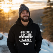 Introducing the ultimate hockey fan's dream: the 4 Out Of 5 Dentists Recommend Hockey gender neutral hoodie! Whether you're a die-hard fan or just a casual observer, this graphic hoodie is perfect for hockey season (and every season, really). With its hilarious slogan and toothy grin, this funny hockey hoodie is sure to get a chuckle out of anyone who sees it. 
