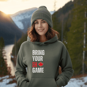 Introducing the ultimate hockey hoodie for anyone who wants to bring their EH game to the rink! Whether you're a seasoned veteran or a newbie to the sport, this funny hockey hoodie is the perfect addition to your wardrobe. Made from soft and comfortable material, this hockey hoodie is perfect for keeping you warm during those chilly games. And with the hilarious "Bring Your EH Game" slogan emblazoned across the front, you'll be sure to get a few chuckles from your teammates. 