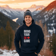 Introducing the ultimate hockey hoodie for anyone who wants to bring their EH game to the rink! Whether you're a seasoned veteran or a newbie to the sport, this funny hockey hoodie is the perfect addition to your wardrobe. Made from soft and comfortable material, this hockey hoodie is perfect for keeping you warm during those chilly games. And with the hilarious "Bring Your EH Game" slogan emblazoned across the front, you'll be sure to get a few chuckles from your teammates.