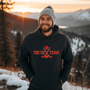 This hoodie is the perfect addition to your game day wardrobe. Not only is it stylish, but it also provides ultimate comfort for those long hours spent on the ice. This funny hockey hoodie is a must-have for any player who wants to show off their Canadian pride. Featuring a bold red and white color scheme and the clever pun "The EH Team," this hoodie is sure to catch the attention of your teammates and opponents alike.