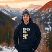 Introducing the perfect accessory for any hockey player or fan - our hilarious gender neutral hockey hoodie! This hoodie is not only stylish but also practical, with a cozy design that is perfect for keeping you warm during those chilly hockey games. Featuring the witty slogan "Hockey Hair Don’t Care", this funny hockey hoodie is the perfect way to show off your love for the game and your luscious locks