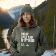 Introducing the ultimate way to show off your love for Canadian hockey - the Sugar Spice And Everything Ice hockey hoodie! This gender-neutral hoodie is the perfect addition to any hockey player's wardrobe, or for anyone who just loves to watch the game with a side of humor. 