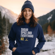 Introducing the ultimate way to show off your love for Canadian hockey - the Sugar Spice And Everything Ice hockey hoodie! This gender-neutral hoodie is the perfect addition to any hockey player's wardrobe, or for anyone who just loves to watch the game with a side of humor. 