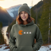 Introducing our new gender-neutral hoodie! This hoodie is not only stylish, but it also features a hilarious graphic that will leave everyone around you in stitches. The graphic on this hoodie depicts a pumpkin pie shaped like Pac-Man, complete with a whipped cream topping that Pac-Man seems to be eagerly devouring. 