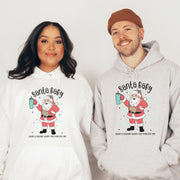 Our gender-neutral hoodie features a cute Santa Claus holding a Stanley water bottle, and wearing a belt bag that reads "Santa Baby, leave a Stanley under the tree for me" - because who doesn't love a good pun?