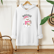 Our gender-neutral hoodie features an adorable snowman holding a Stanley water bottle. And the snowman is not just any snowman - he's bougie, or so his belt bag says!