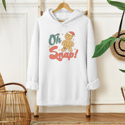 This hoodie features a cute cartoon gingerbread man with a broken leg and the hilarious phrase, "Oh Snap!" printed on the front.