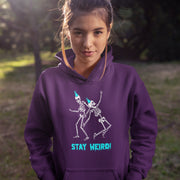 Introducing the perfect hoodie for those who like to stay weird! Our gender-neutral hoodie features not one, but two skeletons acting silly and wearing party hats. These skeletons know how to have a good time and they're inviting you to join in on the fun.