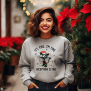 Introducing the perfect cozy sweater for the festive season - the "It's Fine. I'm Fine. Everything Is Fine" sweatshirt with a cute black cat tangled in Christmas lights and being electrocuted (don't worry, no animals were harmed in the making of this sweater). 