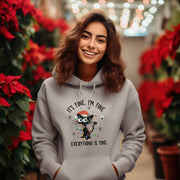 Introducing the perfect cozy sweater for the festive season - the "It's Fine. I'm Fine. Everything Is Fine" sweatshirt with a cute black cat tangled in Christmas lights and being electrocuted (don't worry, no animals were harmed in the making of this sweater).
