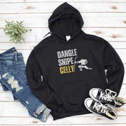 This cozy and stylish hoodie features a hockey player celebrating scoring a goal with the words "Dangle, Snipe, Celly" written on it. 