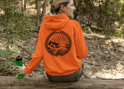 The Prairie Harvest hoodie features a stunning graphic of a farmers field with a breathtaking sunset in the background.