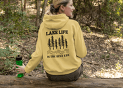 Introducing our gender-neutral hoodie featuring a beautiful nature graphic and the saying "Lake Life Is The Best Life".