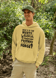 Introducing our gender neutral camping-themed hoodie with a statement that captures the essence of unforgettable memories shared with friends. The hoodie is made from high-quality materials ensuring long-lasting comfort and durability. It features a stylish design with a camping-inspired graphic and the phrase "Here's To The Nights We Won't Remember With Friends We'll Never Forget" printed in bold letters. 