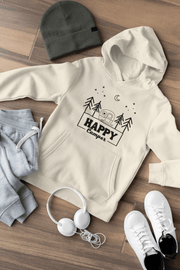 Introducing our gender neutral hoodie with the fun and adventurous saying "Happy Camper" and a camp themed graphic.
