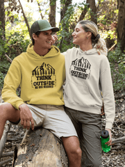 Introducing our gender-neutral hoodie featuring a stunning mountain scene and the inspiring phrase "Think Outside - No Box Required." This hoodie is perfect for adventure seekers who love hiking and the great outdoors.
