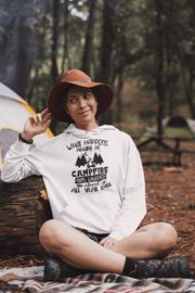 Introducing our gender neutral hoodie featuring a fun camping graphic and the popular saying "What Happens Around The Campfire Gets Laughed About All Year Long." This hoodie is made from high-quality materials and provides both comfort and style. 