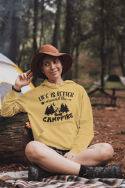 Introducing our gender neutral hoodie featuring a fun camping graphic and the uplifting message "Life Is Better Around The Campfire." Made with high-quality materials, this hoodie is perfect for outdoor enthusiasts who want to stay stylish and comfortable while enjoying the great outdoors.
