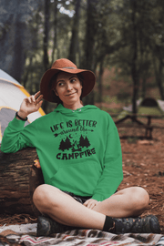 Introducing our gender neutral hoodie featuring a fun camping graphic and the uplifting message "Life Is Better Around The Campfire." Made with high-quality materials, this hoodie is perfect for outdoor enthusiasts who want to stay stylish and comfortable while enjoying the great outdoors.