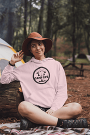 Introducing our brand new gender-neutral hoodie, perfect for anyone who loves the great outdoors and wants to stay cozy while exploring nature. This hoodie features a delightful camping scene with adorable bears roasting marshmallows and rowing a canoe, all with the saying "Camp life” printed on it.