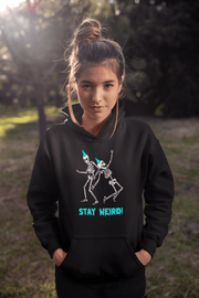 Introducing the perfect hoodie for those who like to stay weird! Our gender-neutral hoodie features not one, but two skeletons acting silly and wearing party hats. These skeletons know how to have a good time and they're inviting you to join in on the fun. 