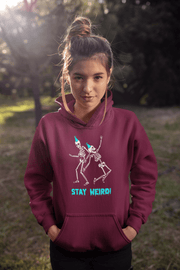 Introducing the perfect hoodie for those who like to stay weird! Our gender-neutral hoodie features not one, but two skeletons acting silly and wearing party hats. These skeletons know how to have a good time and they're inviting you to join in on the fun. 